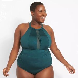NWT Cacique Lane Bryant Teal No-Wire Fishnet-Trim Swim One-Piece Size 28